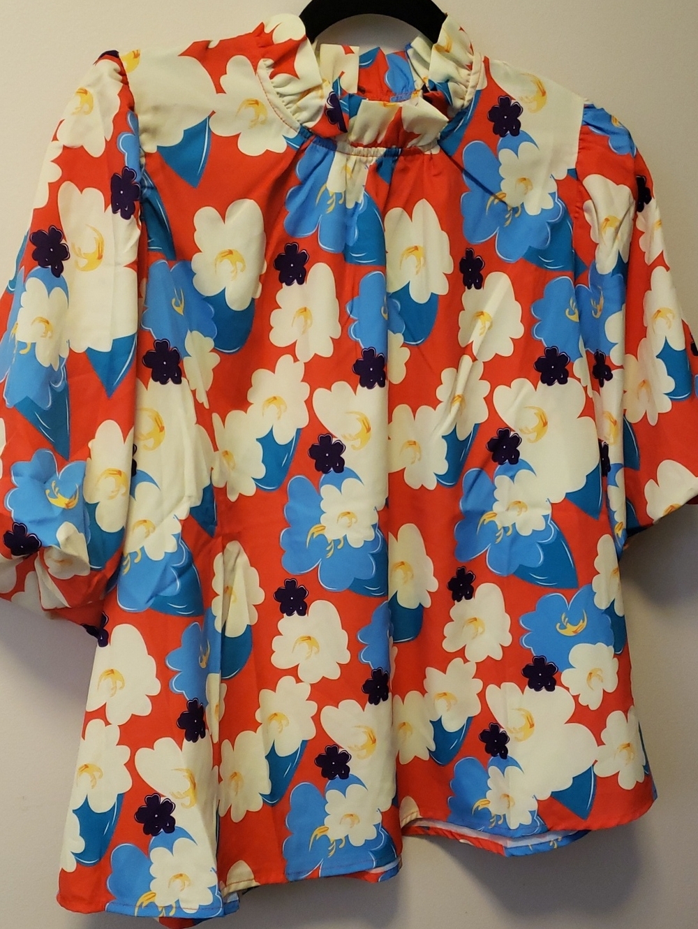 NWT easel Floral Puff-Sleeve Ruffle-Neck Blouse - Red, Blue, Cream